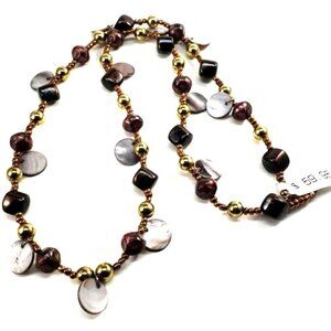 Women's Gold-Tone, Colorful Various Beads sizes & Grey Shell Discs Necklace, 34"